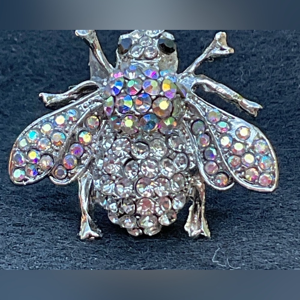 Crystal Rhinestone Bee Ring Silver Tone Sparkling Insect Statement Cocktail Luxe